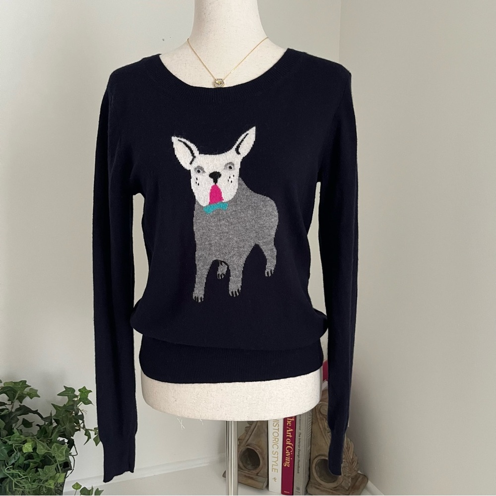 J Crew Navy Pullover with Adorable Frenchie SZ S Preppy Quirky Dog Lover 🐶